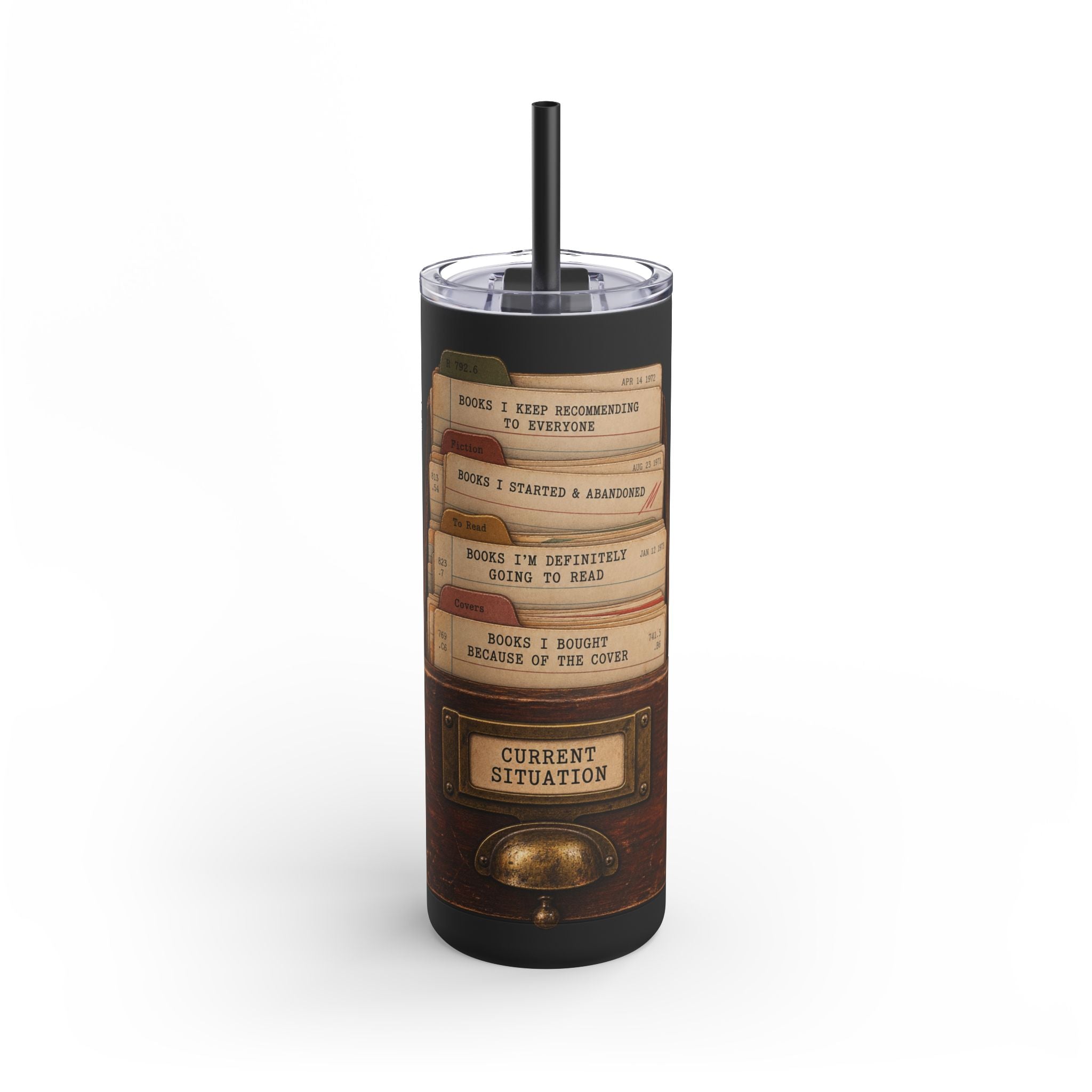 Skinny Matte Tumbler — Vintage Card Catalog 'Current Situation' Design, 20oz