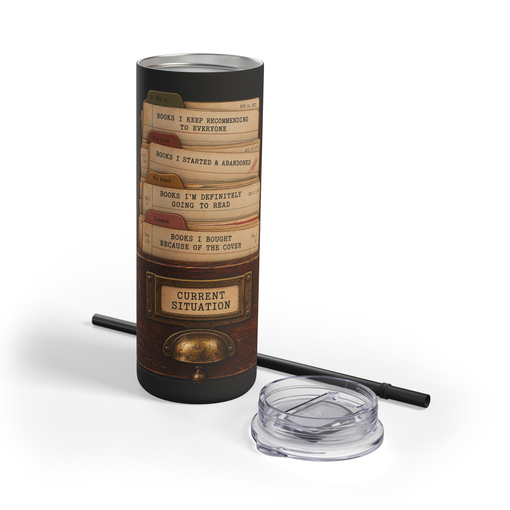 Skinny Matte Tumbler — Vintage Card Catalog 'Current Situation' Design, 20oz