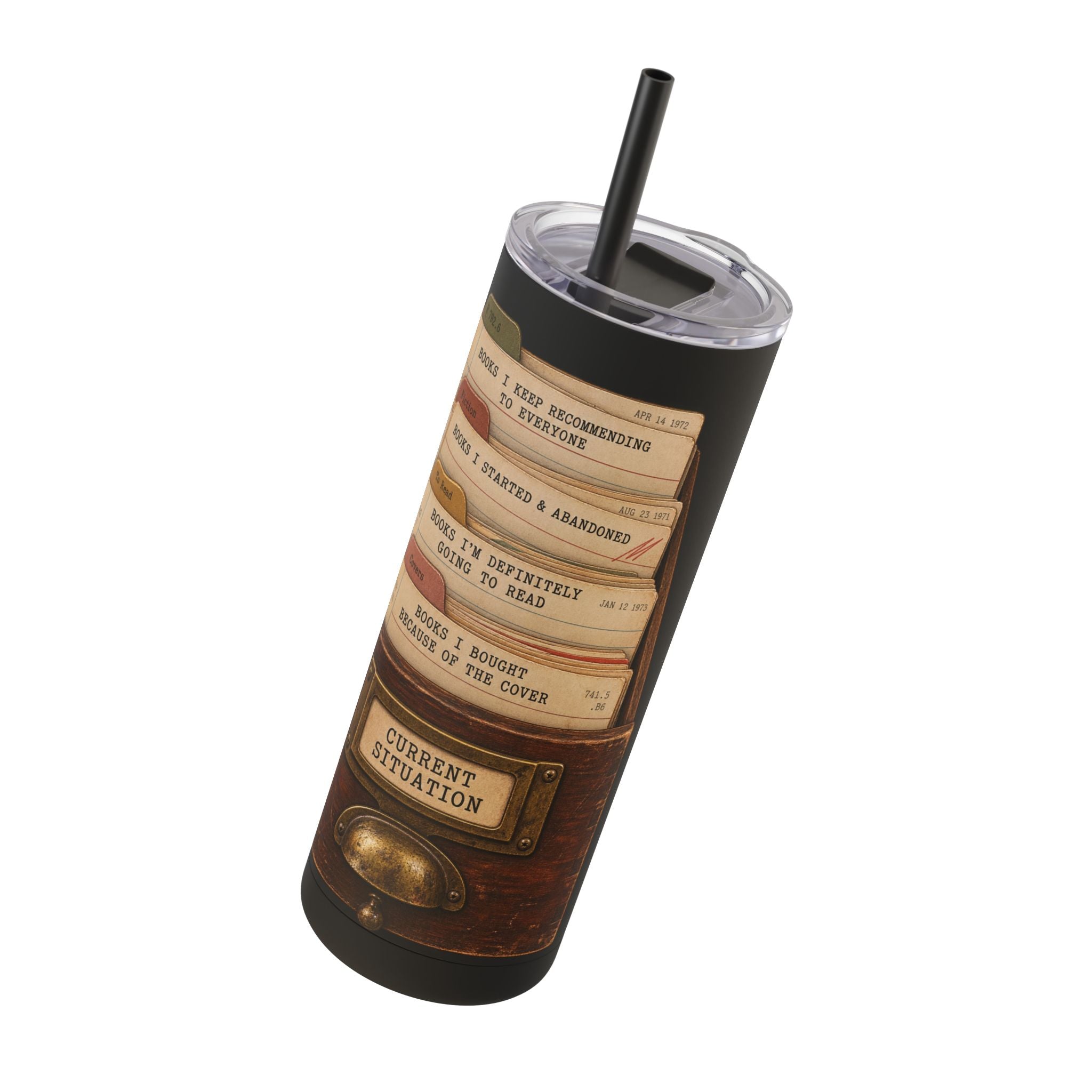 Skinny Matte Tumbler — Vintage Card Catalog 'Current Situation' Design, 20oz