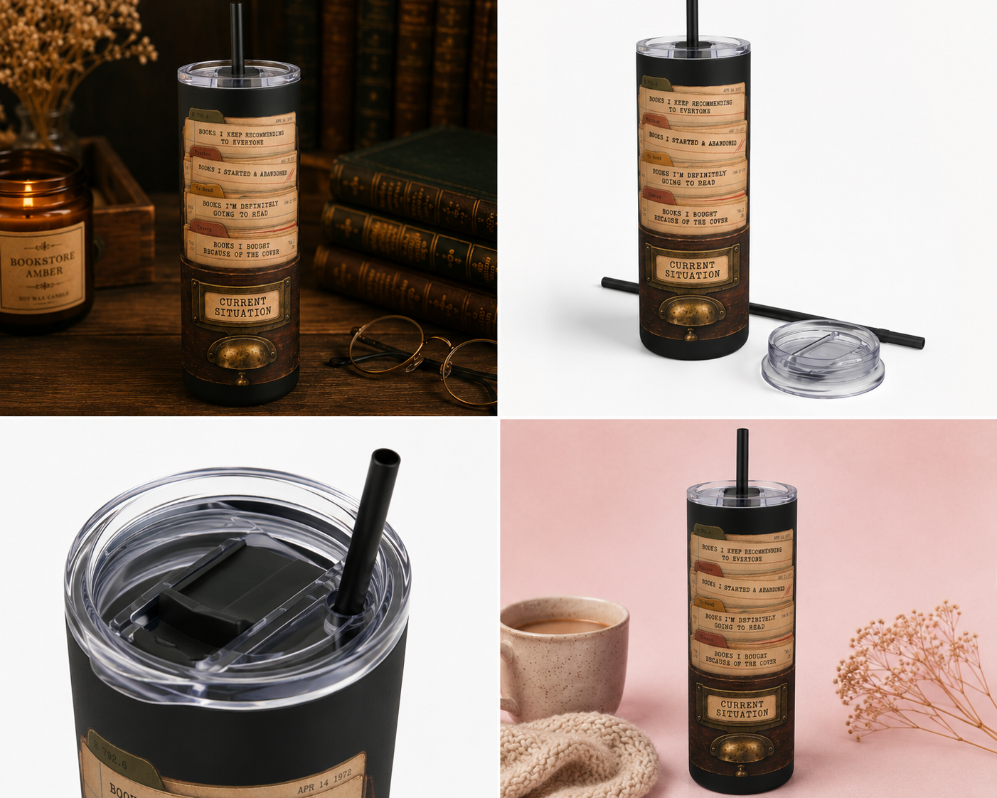 Skinny Matte Tumbler — Vintage Card Catalog 'Current Situation' Design, 20oz